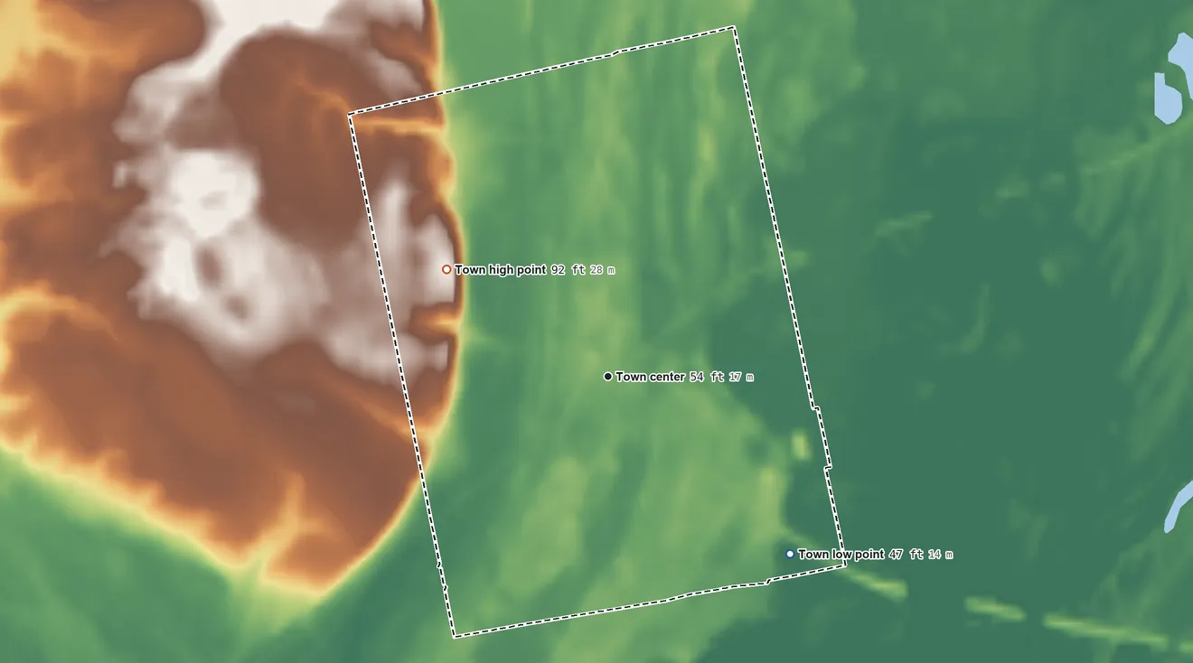 Topographic elevation map of Nichols, South Carolina, shaded from 47 ft on the southeast side to 92 ft on the northwest side
