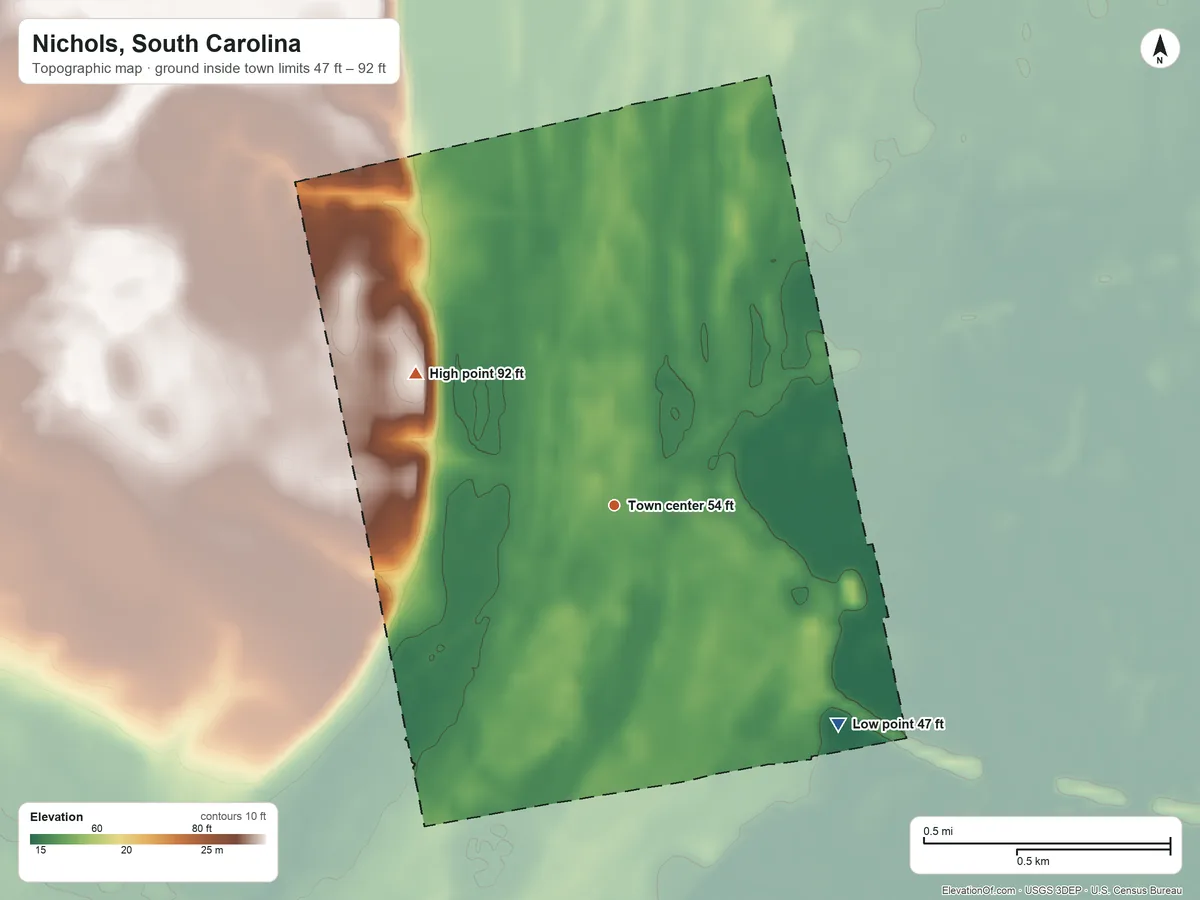 Topographic elevation map of Nichols, South Carolina, shaded from 47 ft on the southeast side to 92 ft on the northwest side