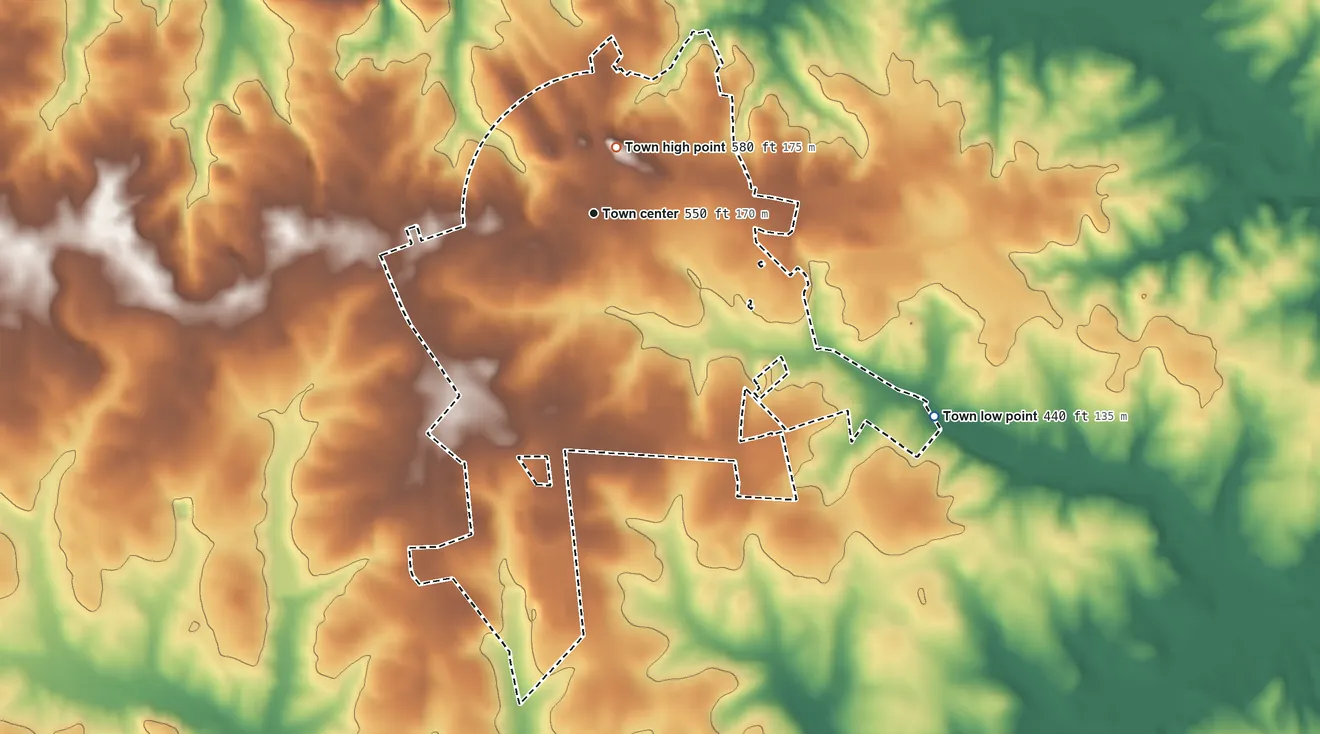 Topographic elevation map of Ninety Six, South Carolina, shaded from 440 ft on the southeast side to 580 ft near the middle