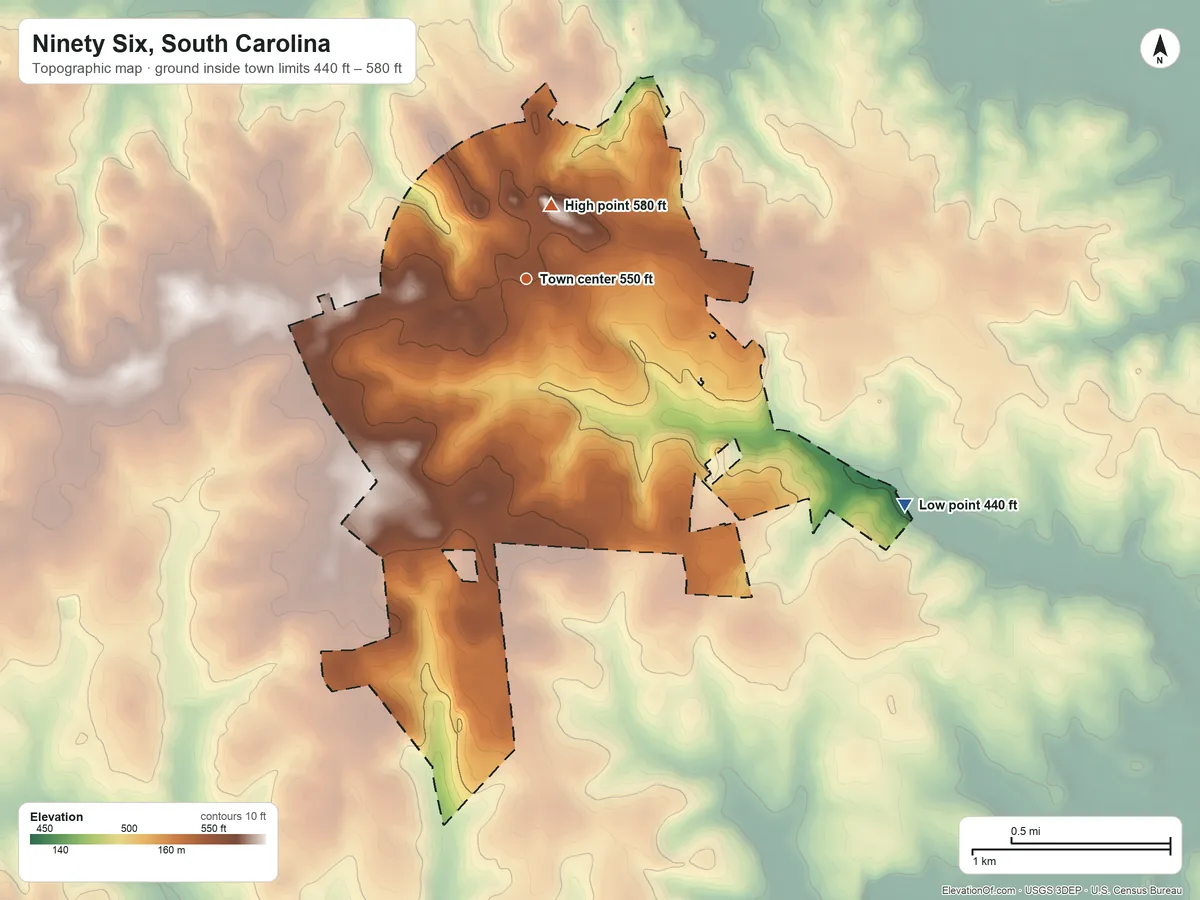 Topographic elevation map of Ninety Six, South Carolina, shaded from 440 ft on the southeast side to 580 ft near the middle
