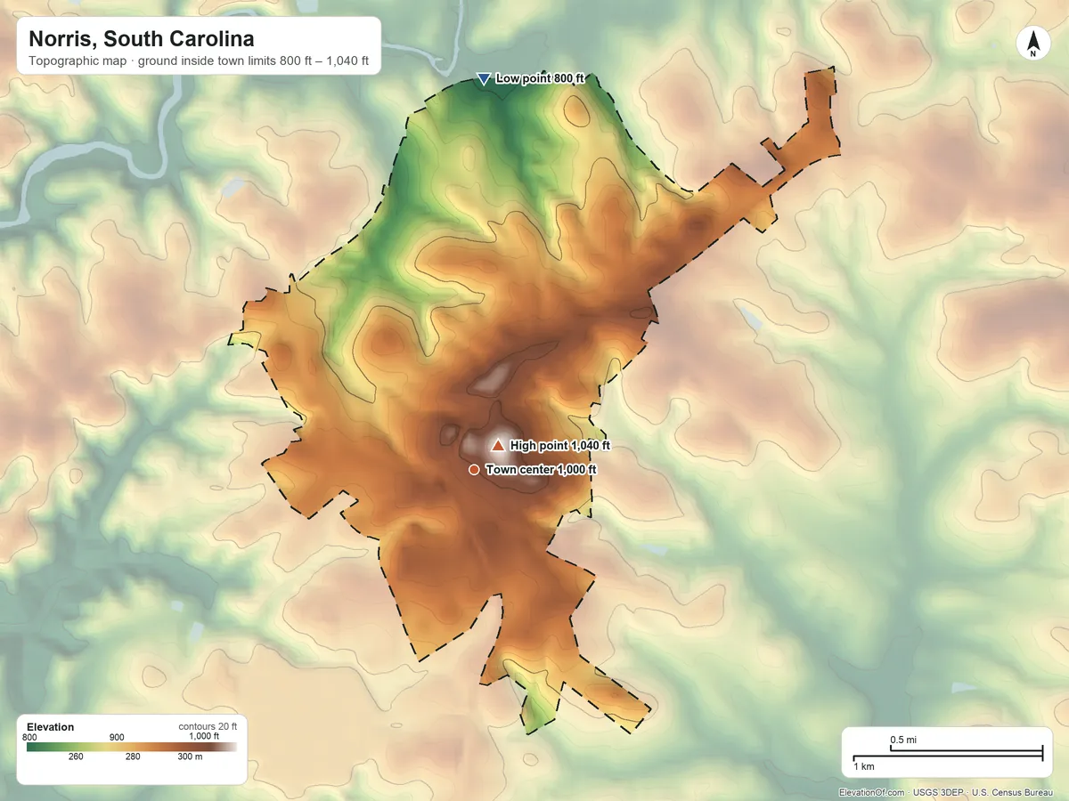 Topographic elevation map of Norris, South Carolina, shaded from 800 ft on the north side to 1,040 ft near the middle