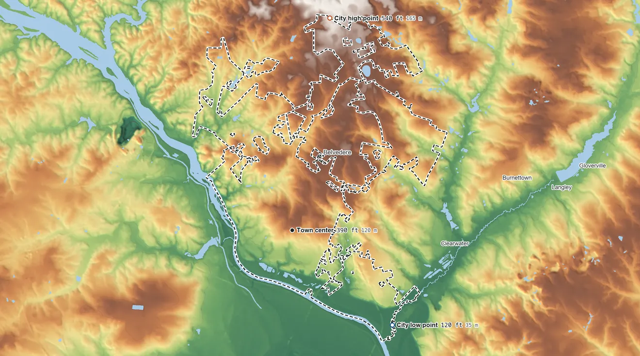 Topographic elevation map of North Augusta, South Carolina, shaded from 120 ft on the southeast side to 540 ft on the north side