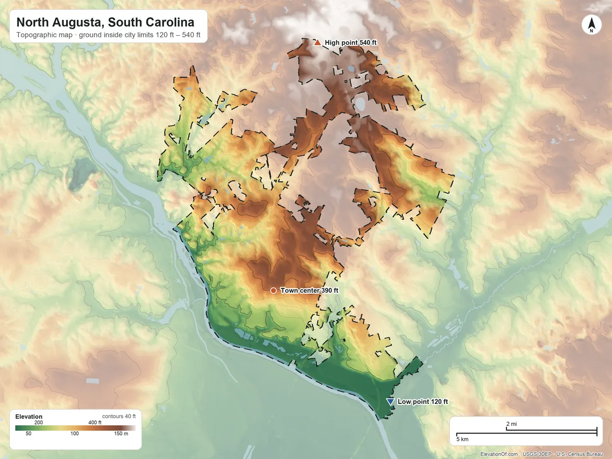 Topographic elevation map of North Augusta, South Carolina, shaded from 120 ft on the southeast side to 540 ft on the north side