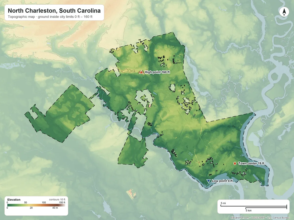 Topographic elevation map of North Charleston, South Carolina, shaded from 0 ft on the southwest side to 160 ft on the northwest side