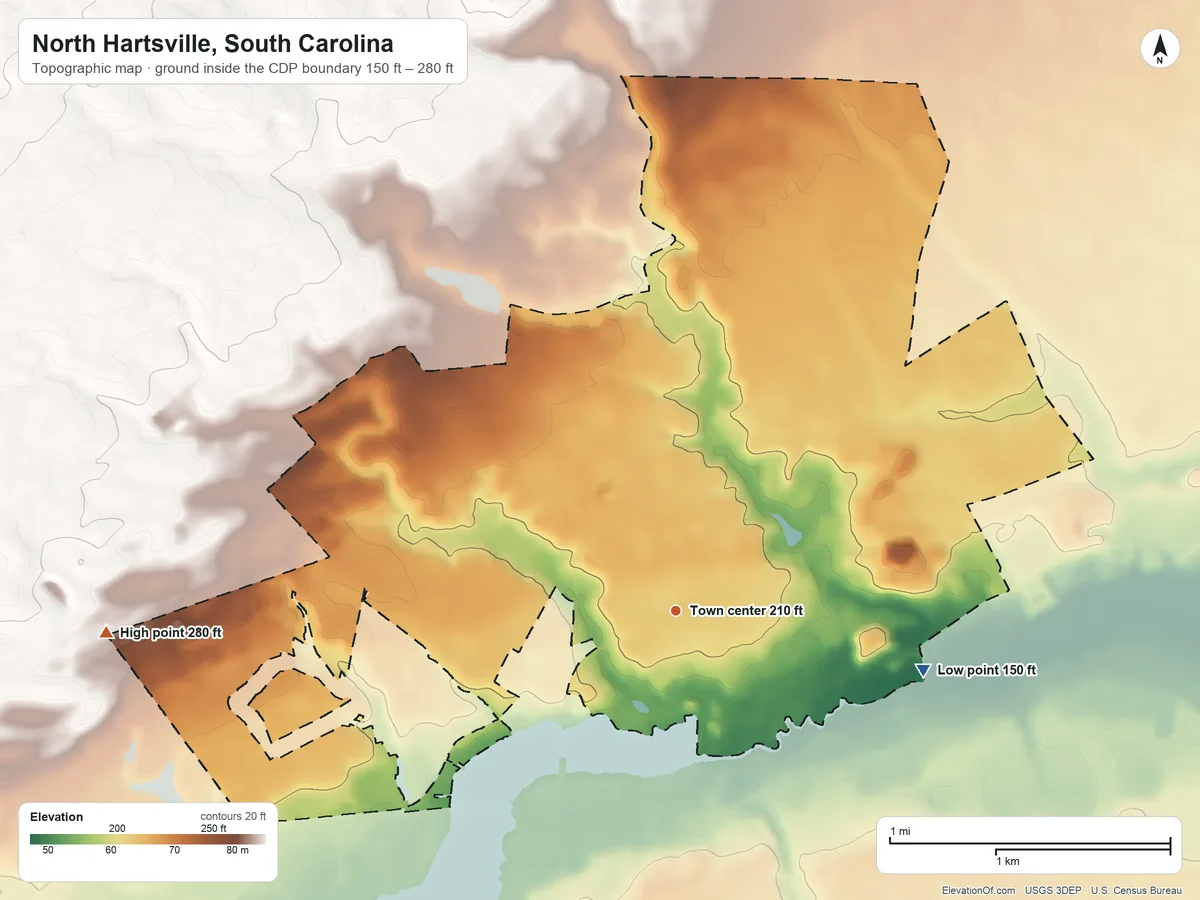 Topographic elevation map of North Hartsville, South Carolina, shaded from 150 ft on the east side to 280 ft on the west side