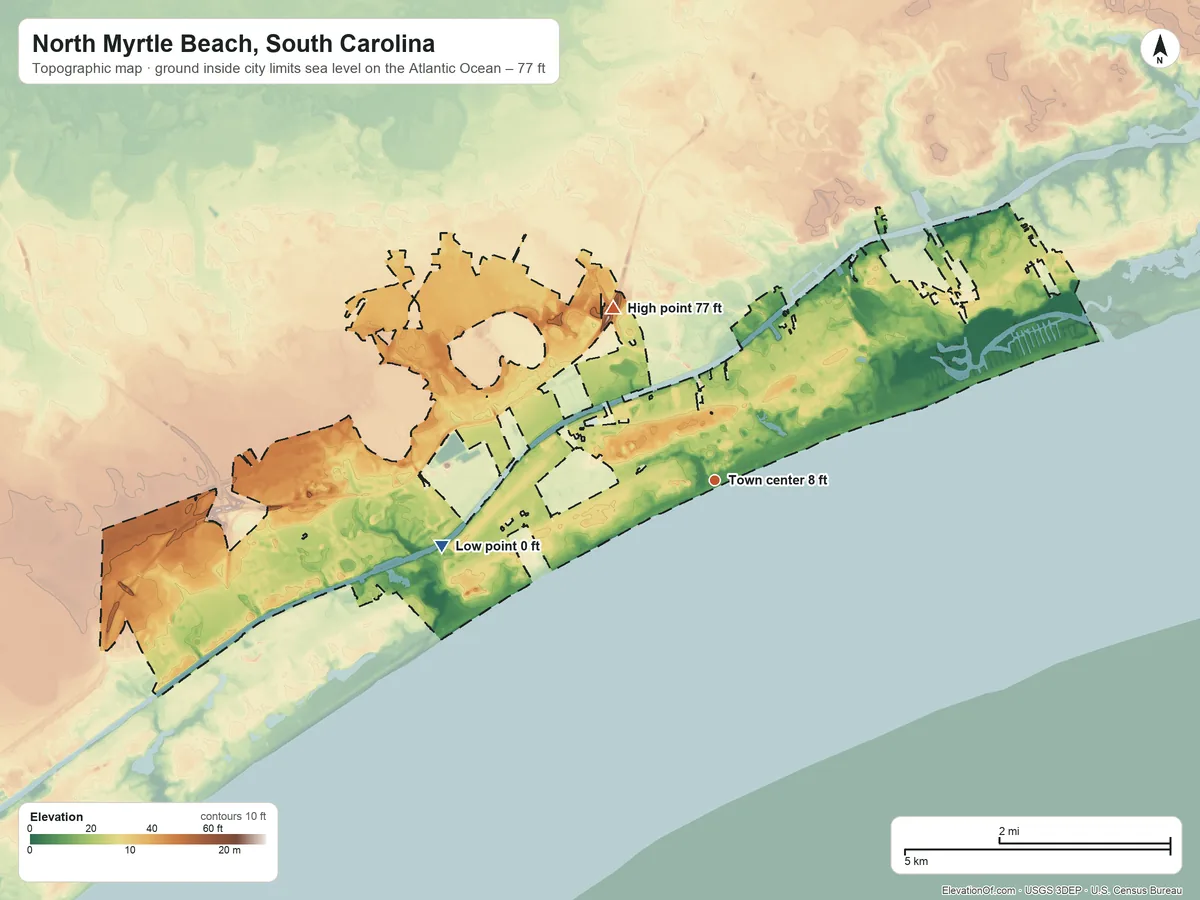 Topographic elevation map of North Myrtle Beach, South Carolina, shaded from sea level level on the Atlantic Ocean to 77 ft on the northwest side