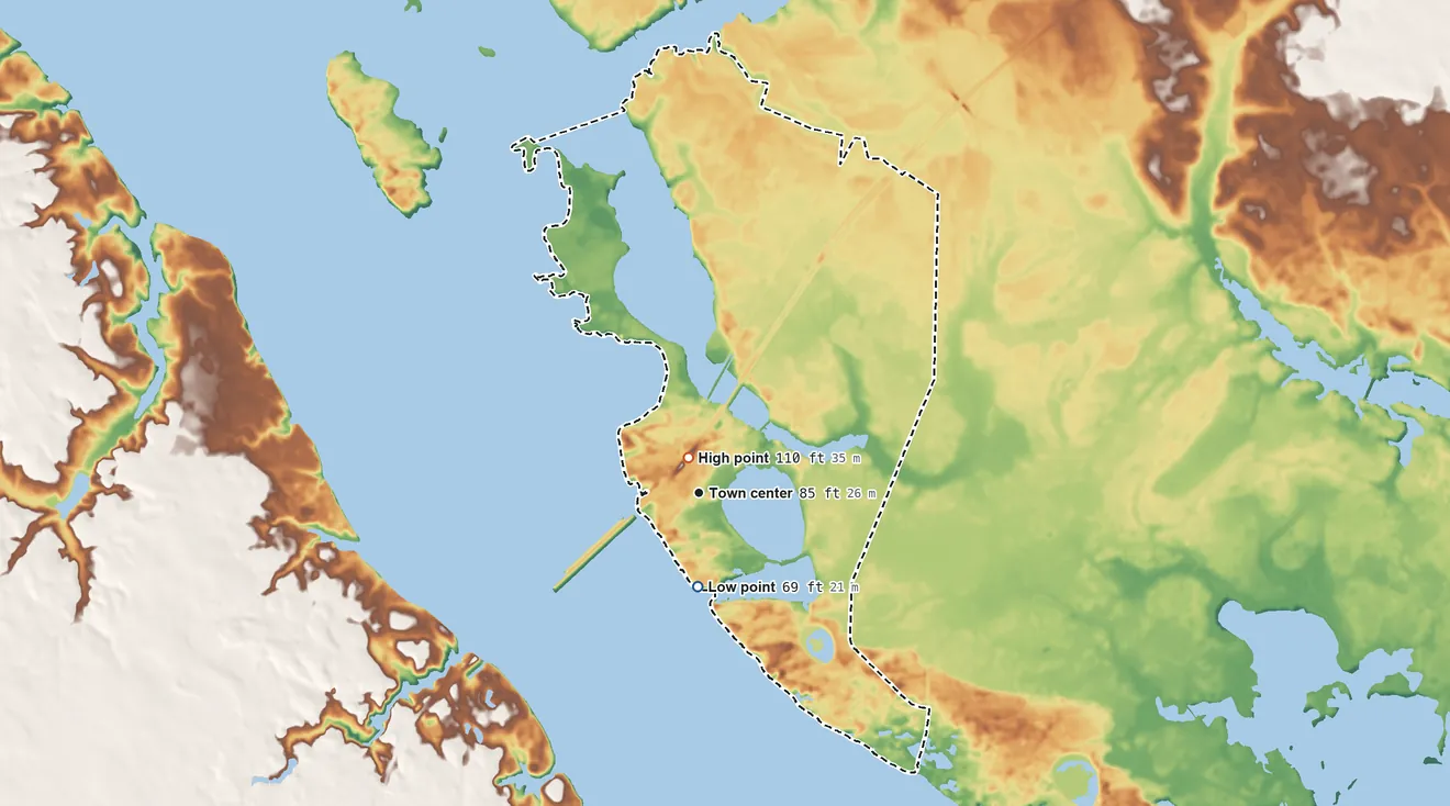 Topographic elevation map of North Santee, South Carolina, shaded from 69 ft on the south side to 110 ft near the middle