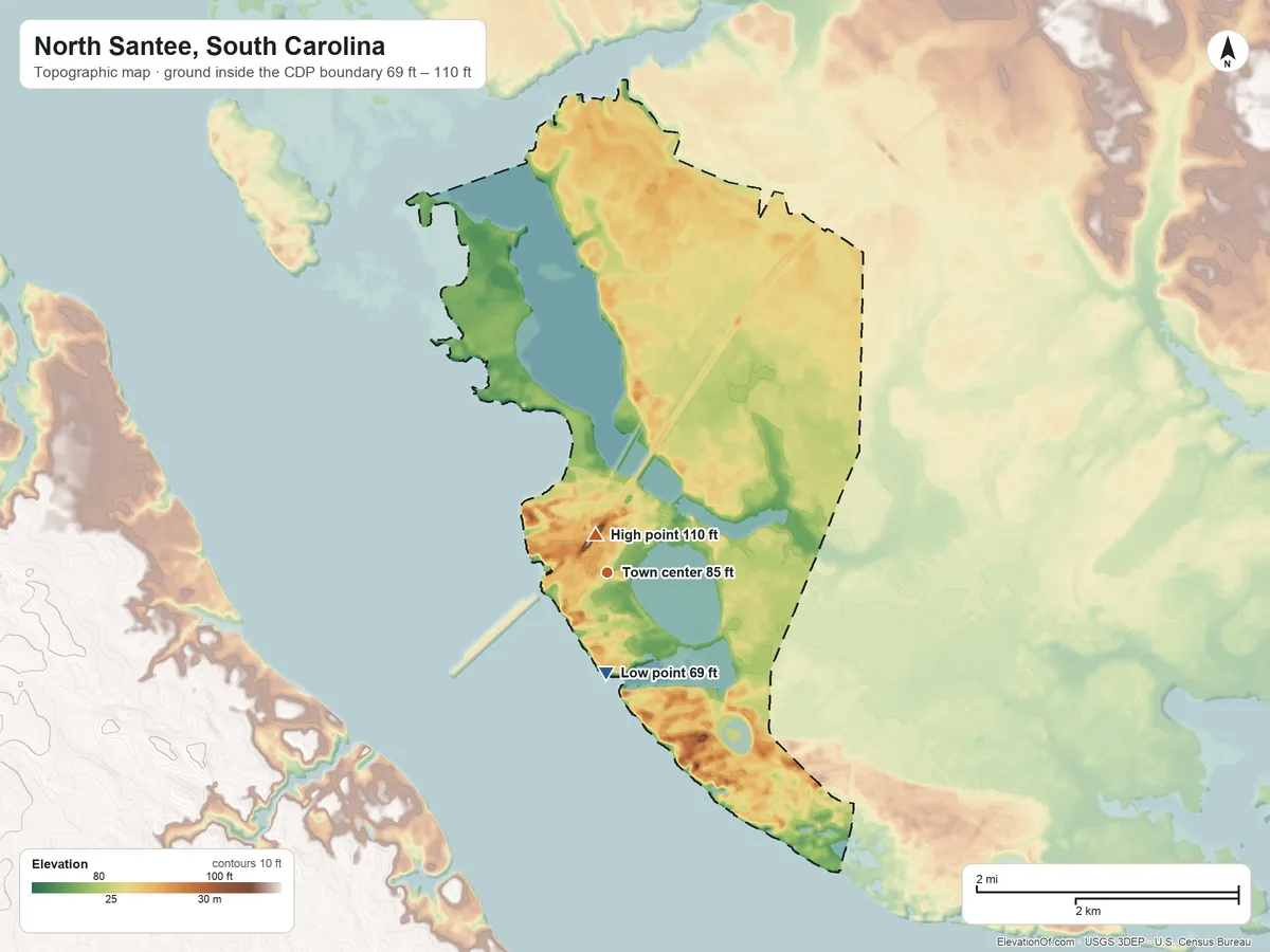 Topographic elevation map of North Santee, South Carolina, shaded from 69 ft on the south side to 110 ft near the middle