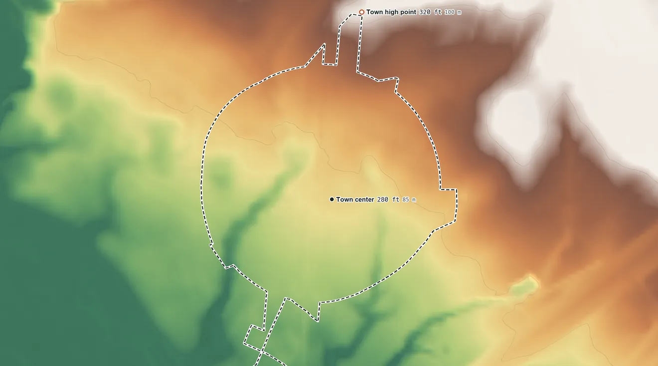 Topographic elevation map of North, South Carolina, shaded from 250 ft on the southwest side to 320 ft on the north side