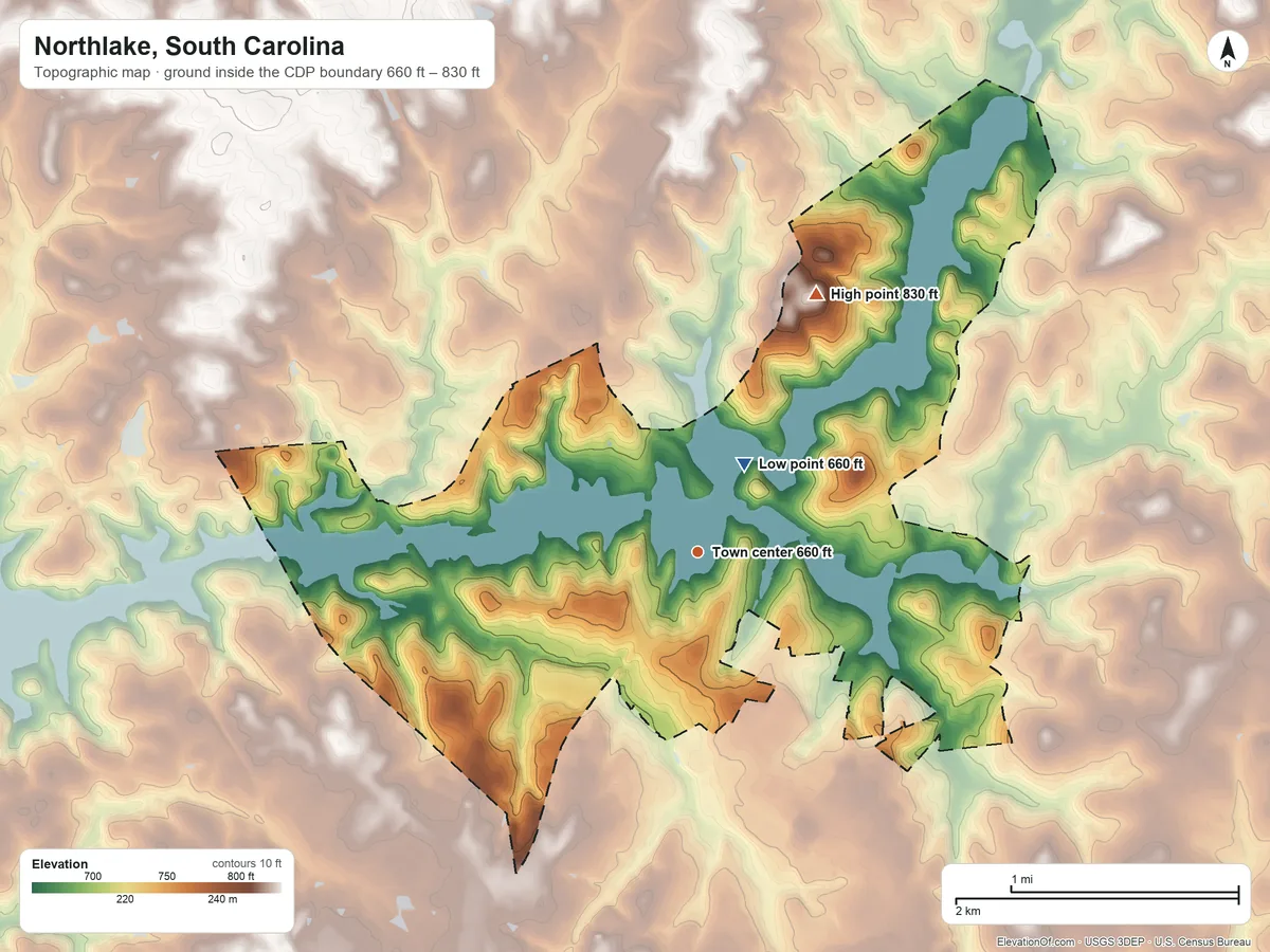 Topographic elevation map of Northlake, South Carolina, shaded from 660 ft near the middle to 830 ft on the northeast side