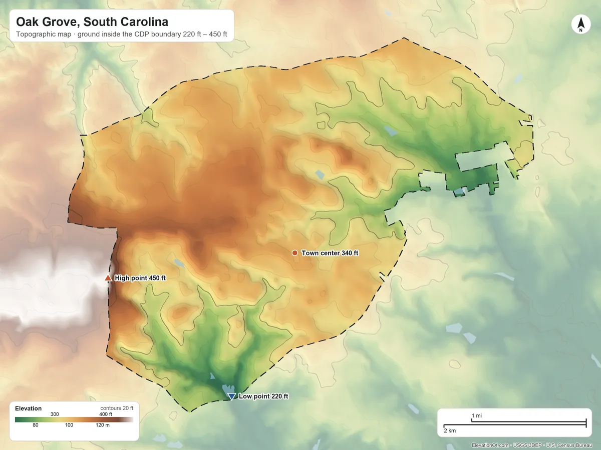 Topographic elevation map of Oak Grove, South Carolina, shaded from 220 ft on the southwest side to 450 ft on the west side