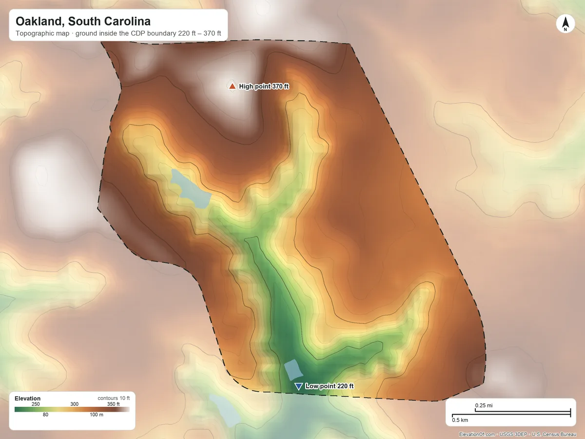 Topographic elevation map of Oakland, South Carolina, shaded from 220 ft on the south side to 370 ft on the north side