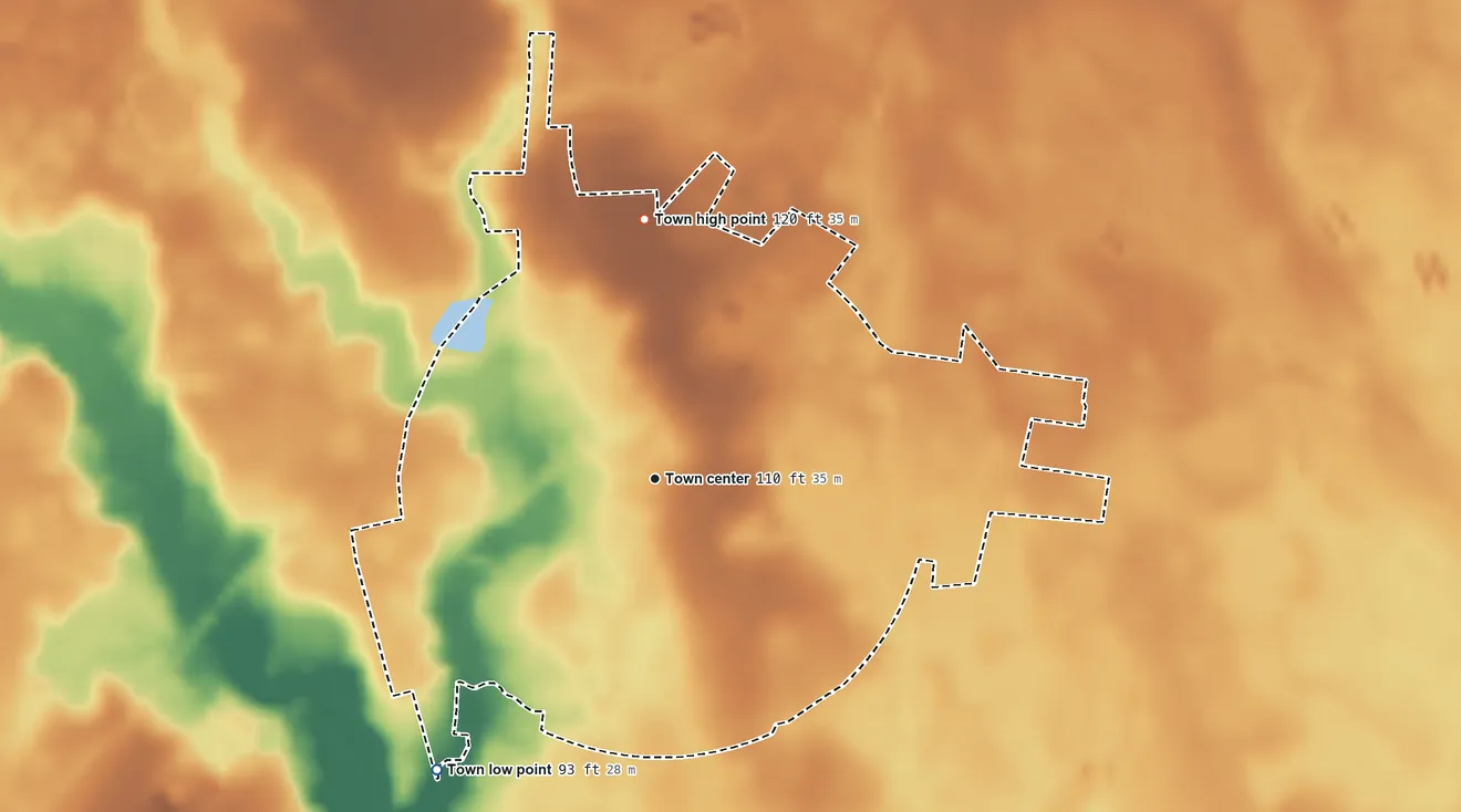 Topographic elevation map of Olanta, South Carolina, shaded from 93 ft on the southwest side to 120 ft on the north side