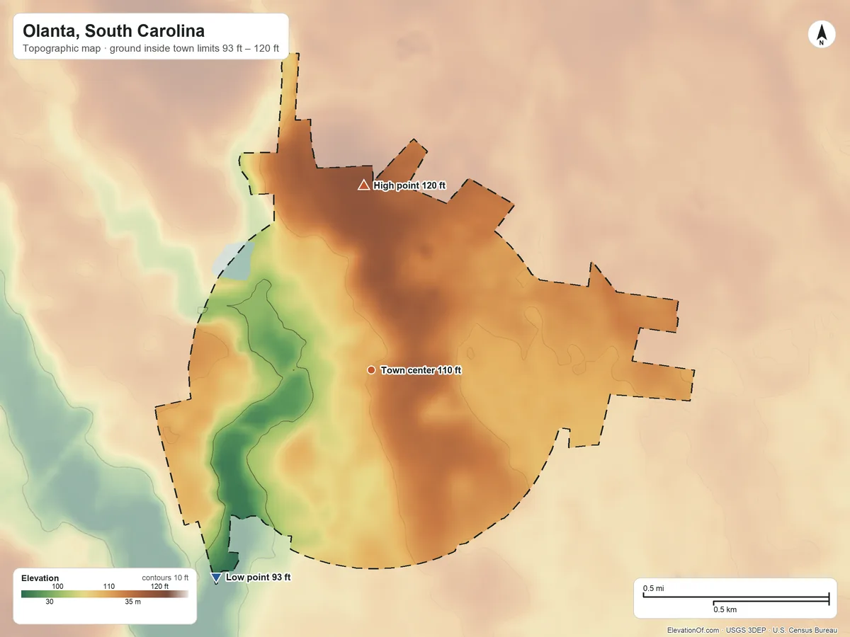 Topographic elevation map of Olanta, South Carolina, shaded from 93 ft on the southwest side to 120 ft on the north side