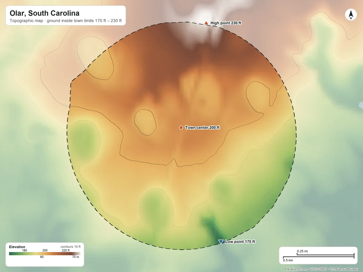 Topographic elevation map of Olar, South Carolina, shaded from 170 ft on the south side to 230 ft on the north side