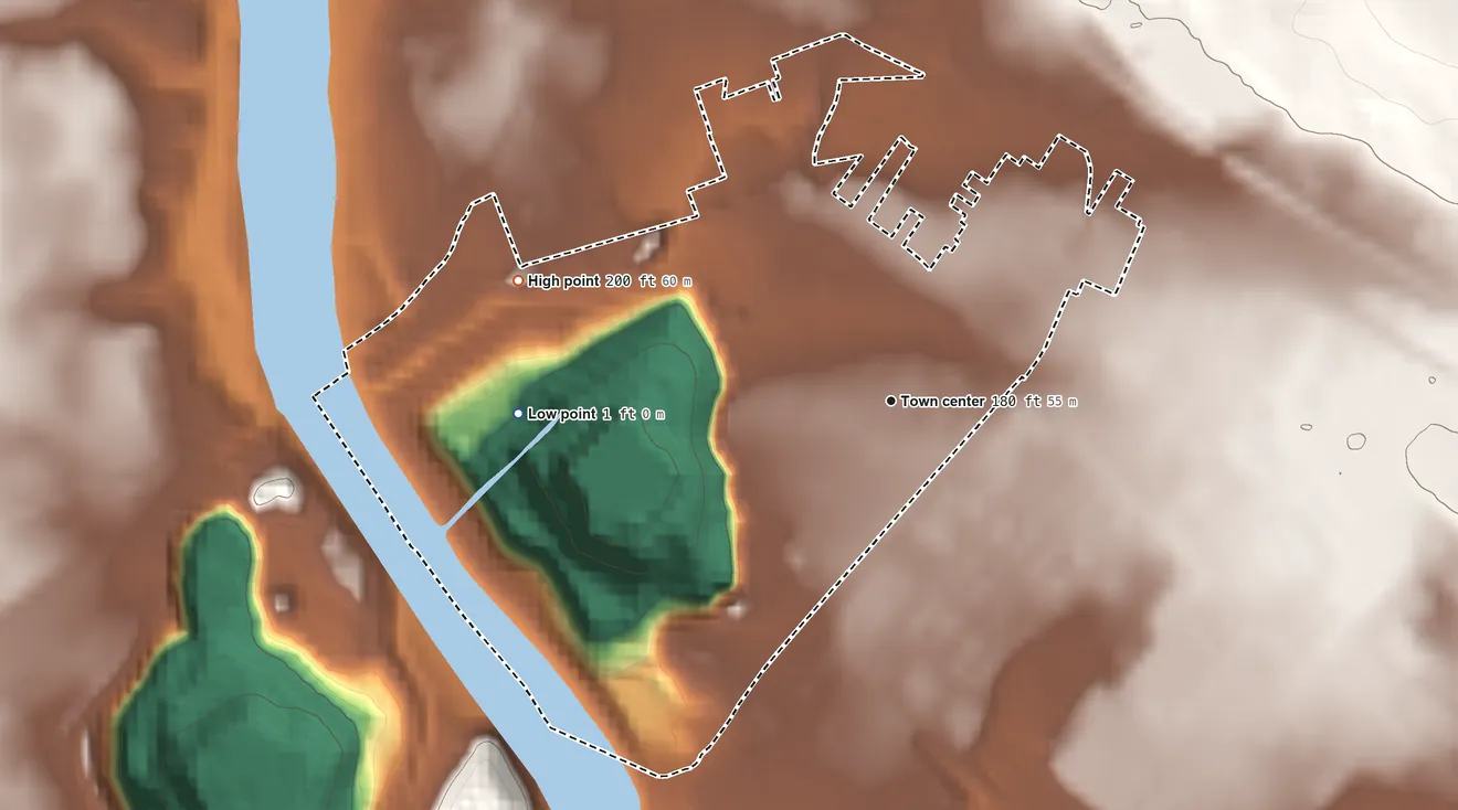 Topographic elevation map of Olympia, South Carolina, shaded from 1 ft on the west side to 200 ft on the west side