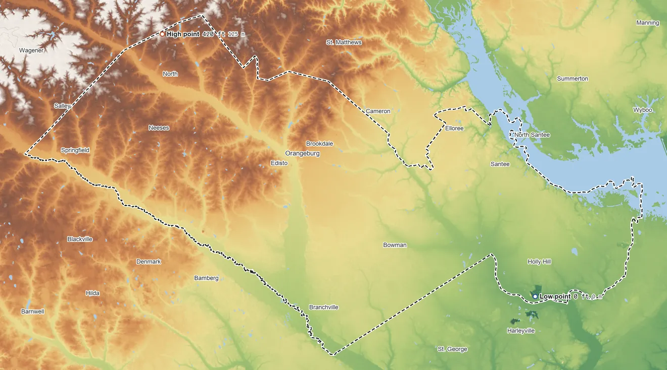 Topographic elevation map of Orangeburg County, South Carolina, shaded from 0 ft on the southeast side to 420 ft on the northwest side