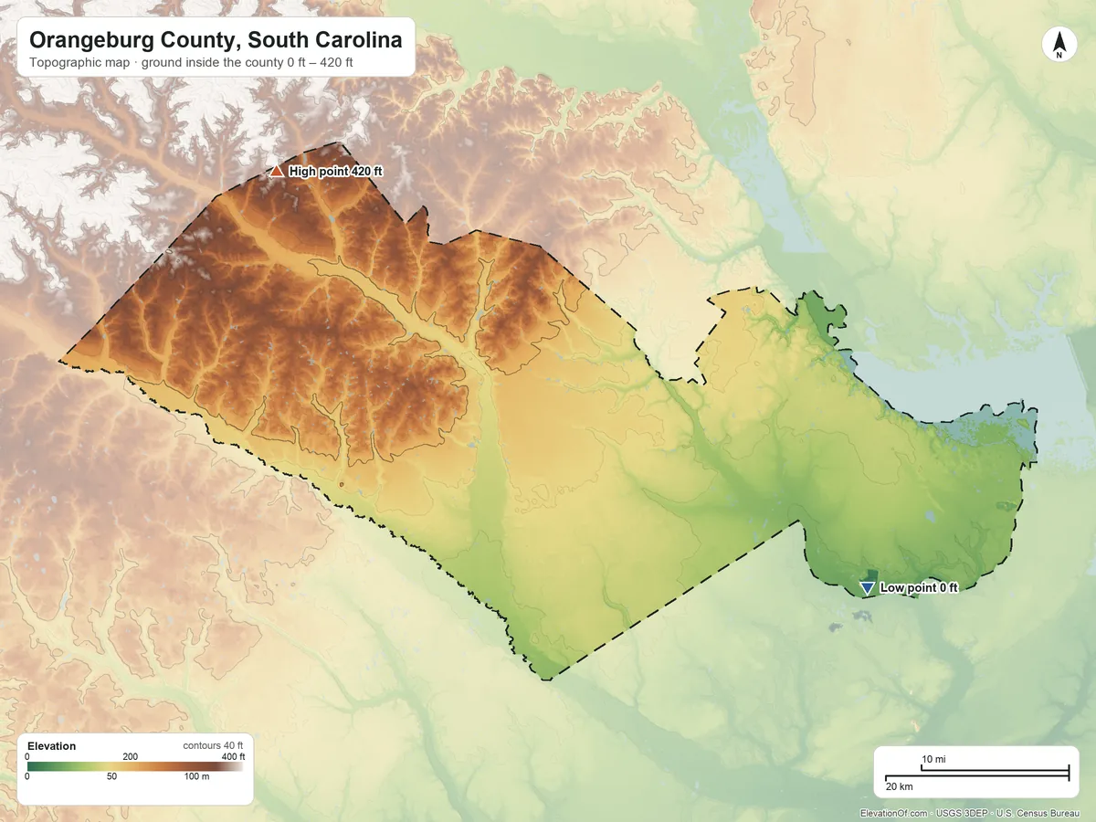 Topographic elevation map of Orangeburg County, South Carolina, shaded from 0 ft on the southeast side to 420 ft on the northwest side