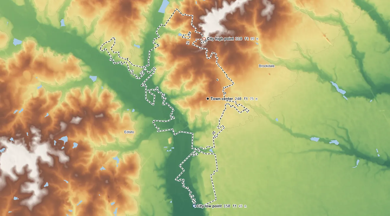 Topographic elevation map of Orangeburg, South Carolina, shaded from 150 ft on the south side to 310 ft on the north side