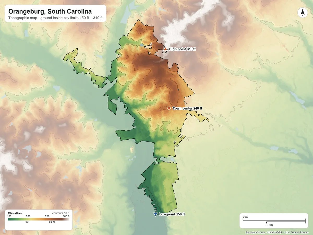 Topographic elevation map of Orangeburg, South Carolina, shaded from 150 ft on the south side to 310 ft on the north side