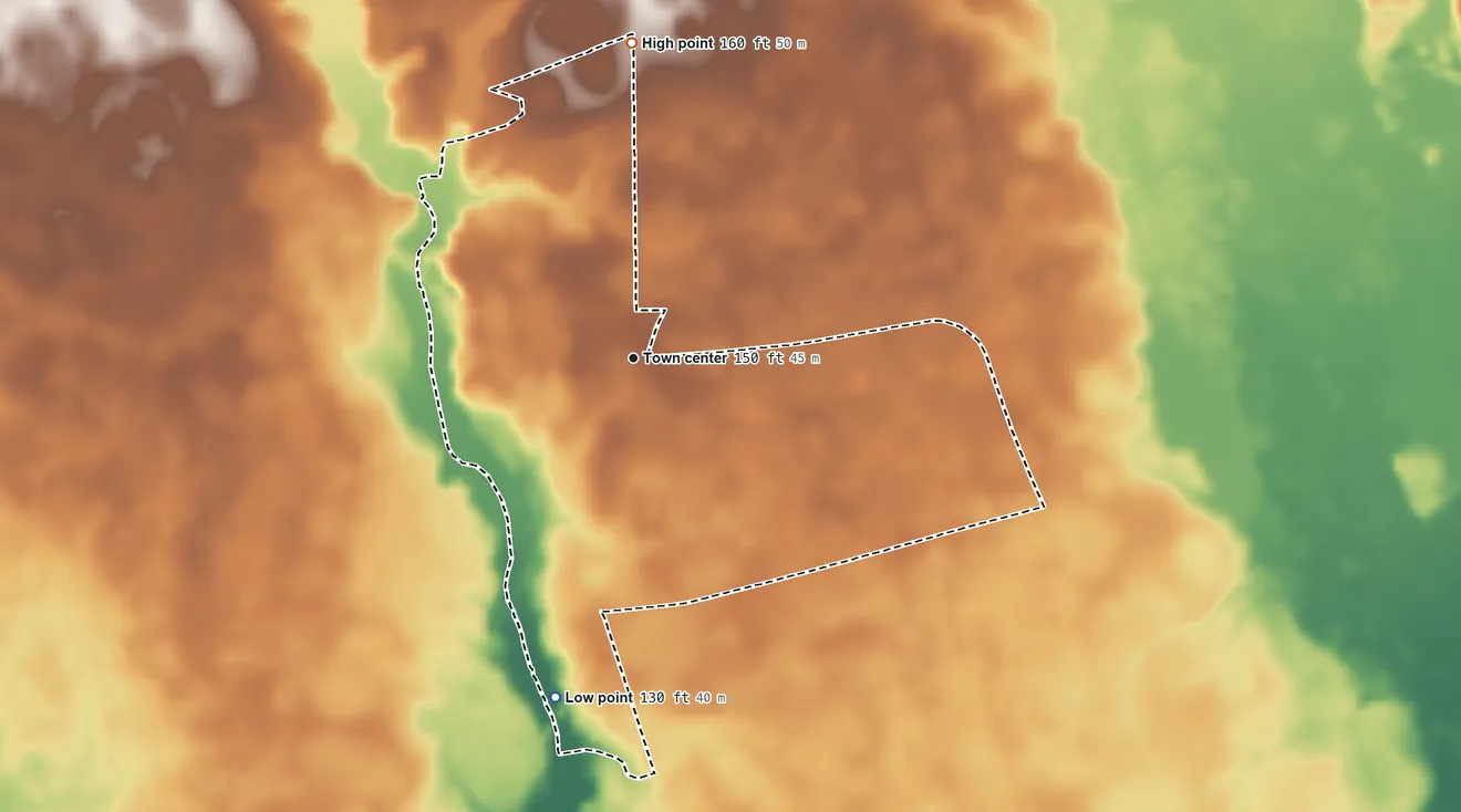 Topographic elevation map of Oswego, South Carolina, shaded from 130 ft on the south side to 160 ft on the north side
