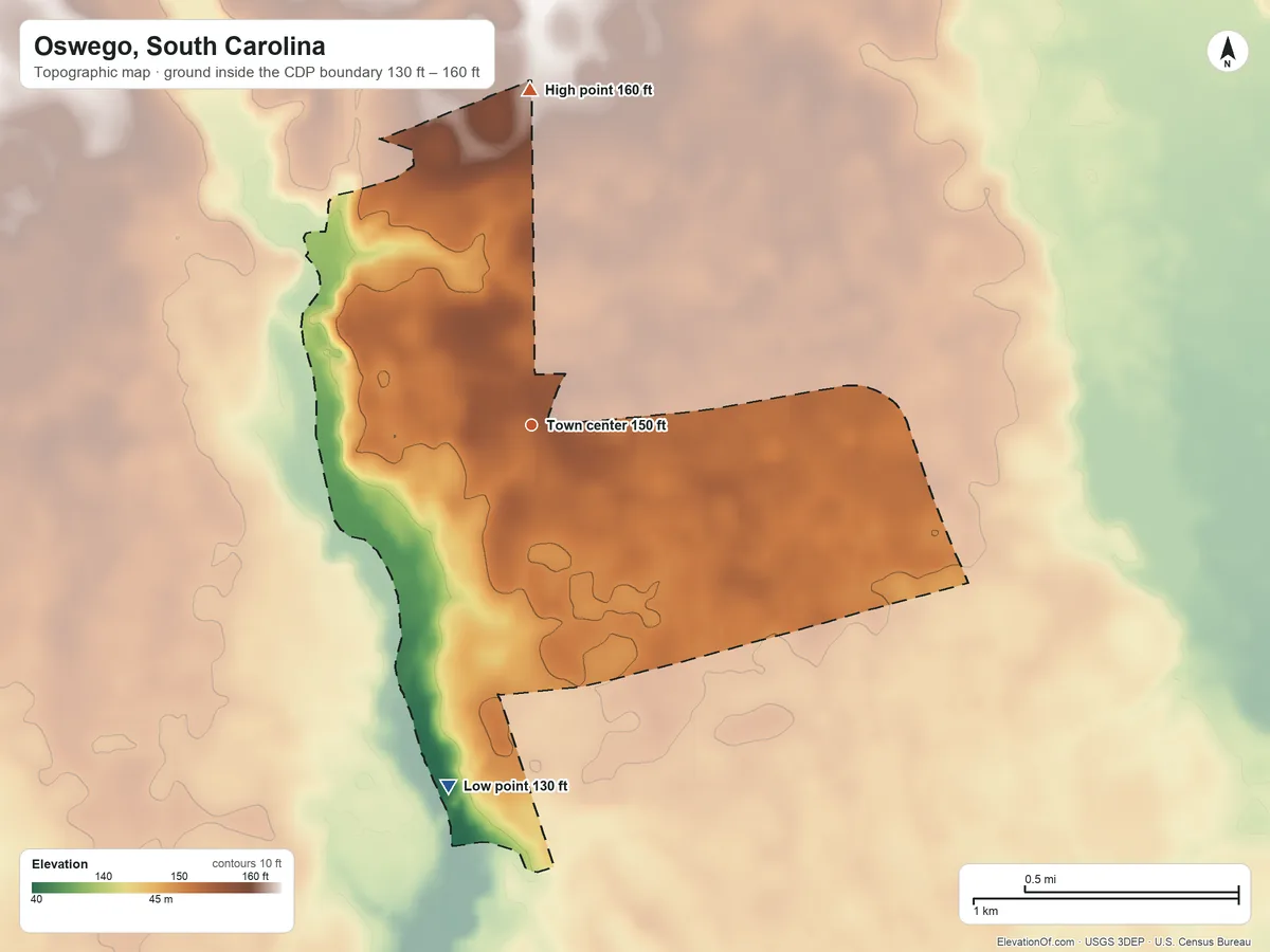 Topographic elevation map of Oswego, South Carolina, shaded from 130 ft on the south side to 160 ft on the north side