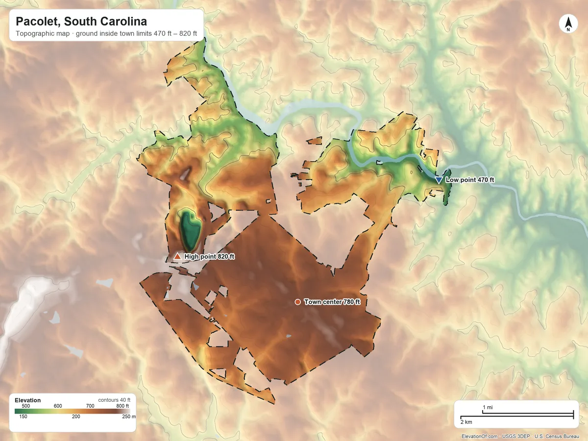 Topographic elevation map of Pacolet, South Carolina, shaded from 470 ft on the northeast side to 820 ft on the west side