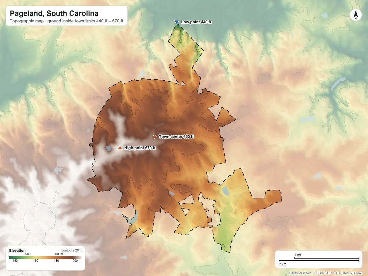 Topographic elevation map of Pageland, South Carolina, shaded from 440 ft on the north side to 670 ft on the west side