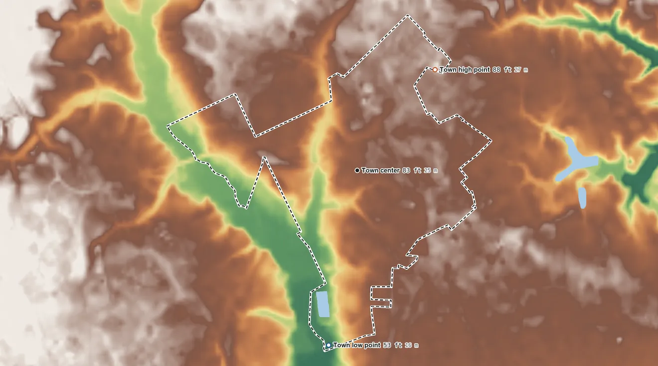 Topographic elevation map of Pamplico, South Carolina, shaded from 53 ft on the south side to 88 ft on the northeast side