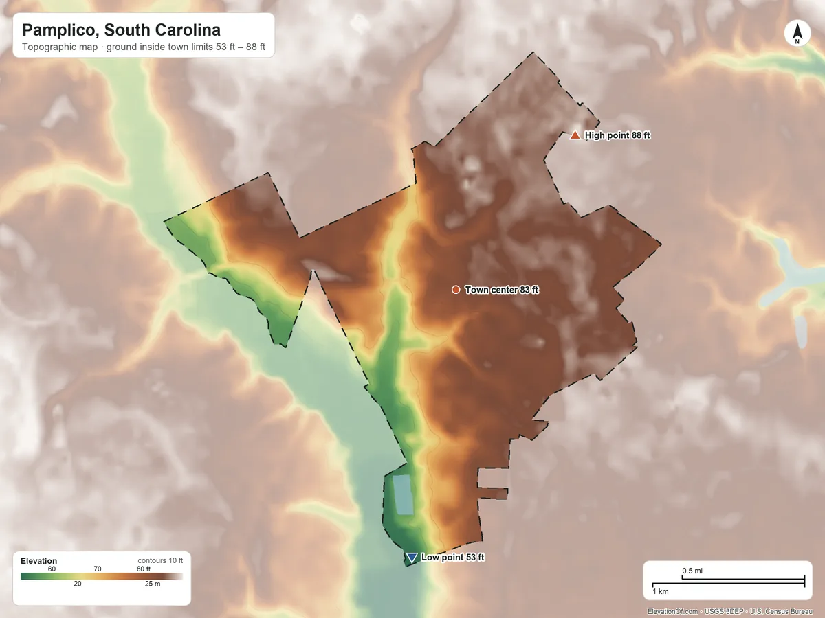 Topographic elevation map of Pamplico, South Carolina, shaded from 53 ft on the south side to 88 ft on the northeast side