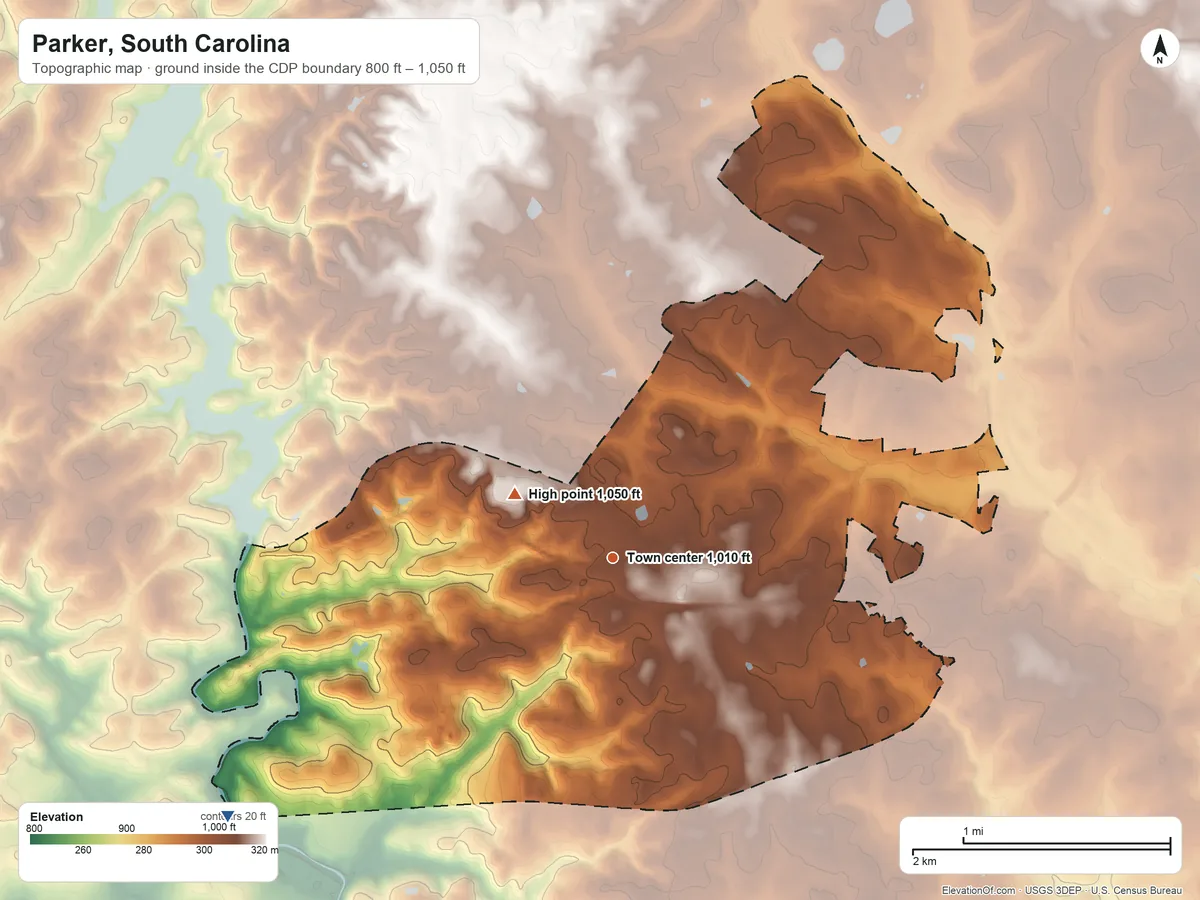 Topographic elevation map of Parker, South Carolina, shaded from 800 ft on the southwest side to 1,050 ft on the northwest side