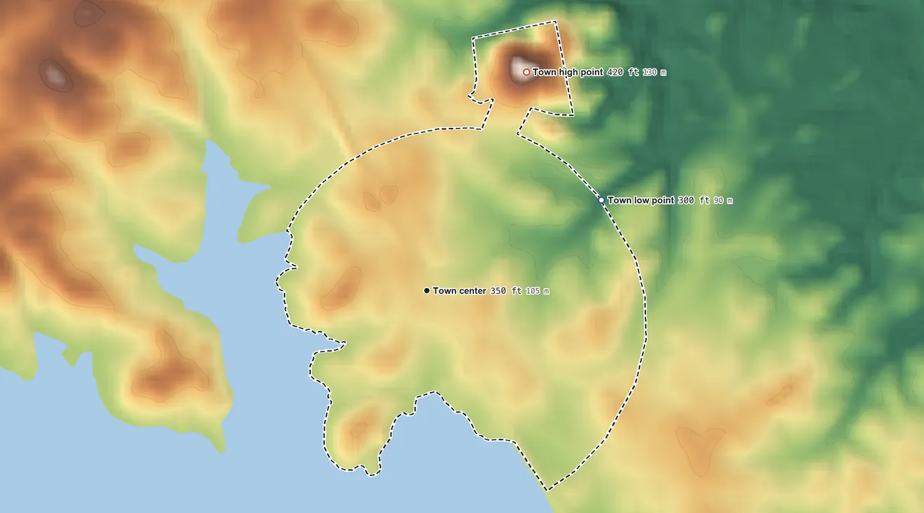 Topographic elevation map of Parksville, South Carolina, shaded from 300 ft on the northeast side to 420 ft on the northeast side