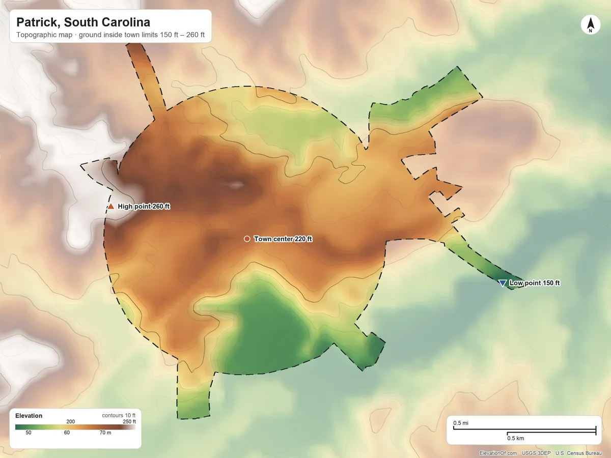 Topographic elevation map of Patrick, South Carolina, shaded from 150 ft on the east side to 260 ft on the west side
