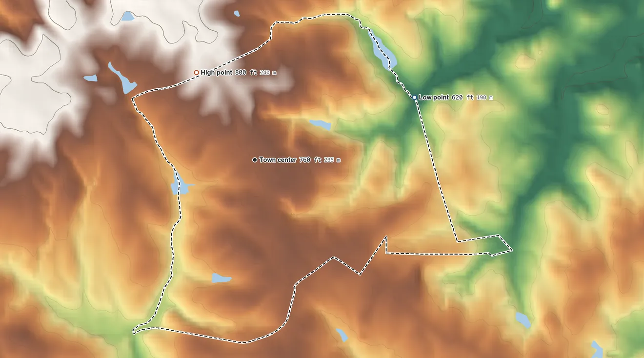 Topographic elevation map of Pauline, South Carolina, shaded from 620 ft on the east side to 800 ft on the northwest side