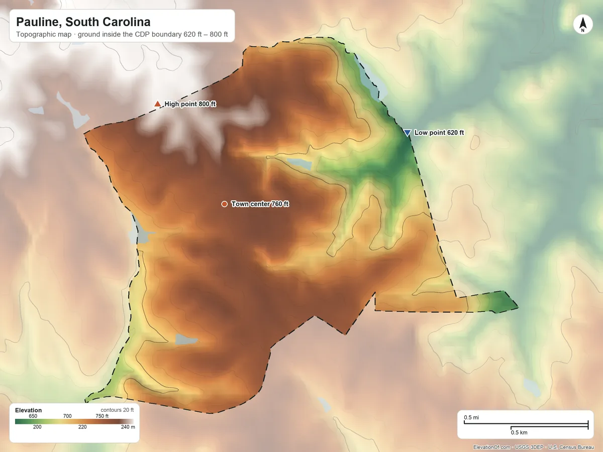 Topographic elevation map of Pauline, South Carolina, shaded from 620 ft on the east side to 800 ft on the northwest side