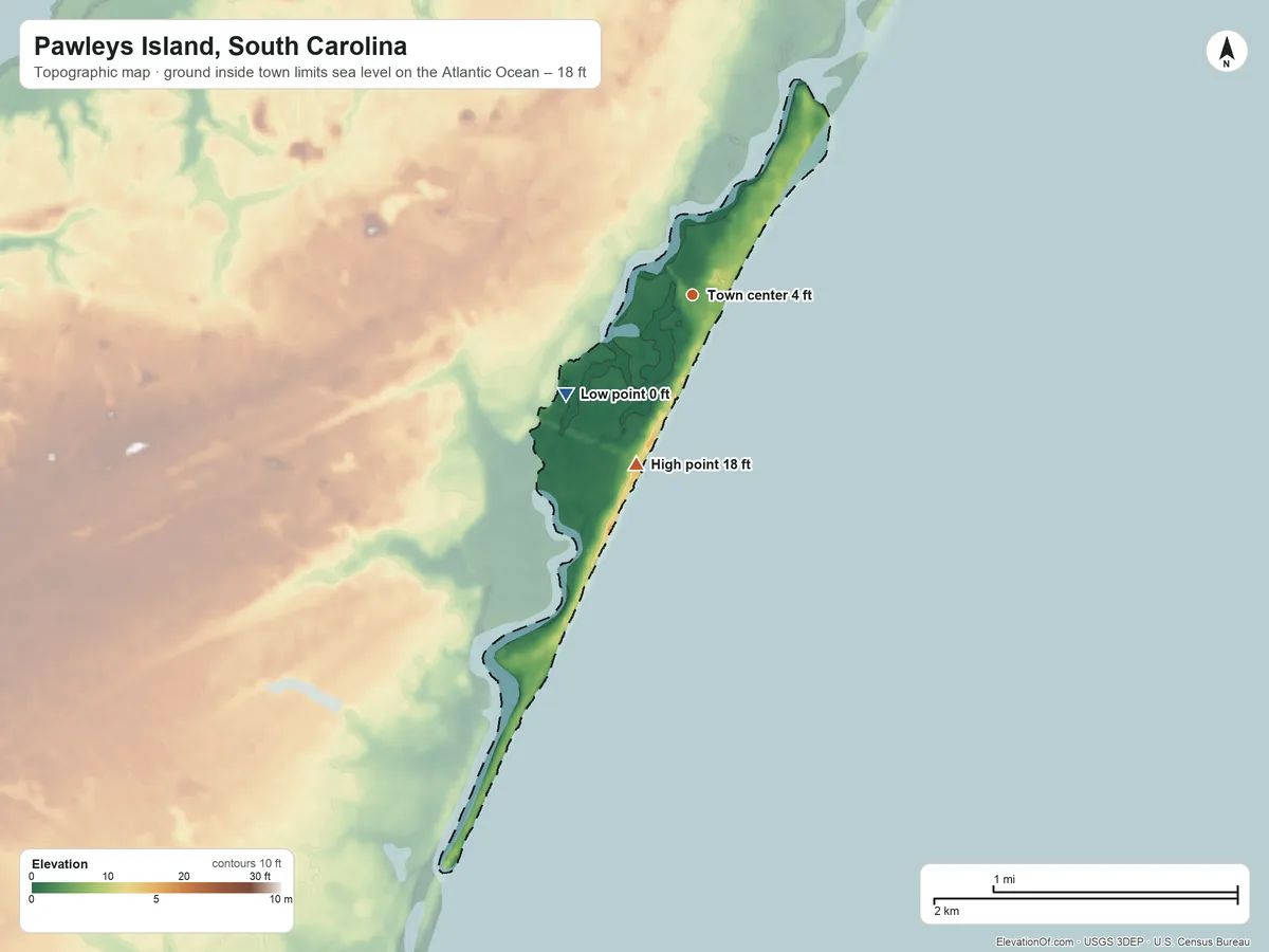 Topographic elevation map of Pawleys Island, South Carolina, shaded from sea level level on the Atlantic Ocean to 18 ft on the south side