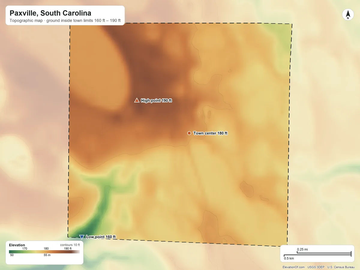 Topographic elevation map of Paxville, South Carolina, shaded from 160 ft on the southwest side to 190 ft on the northwest side