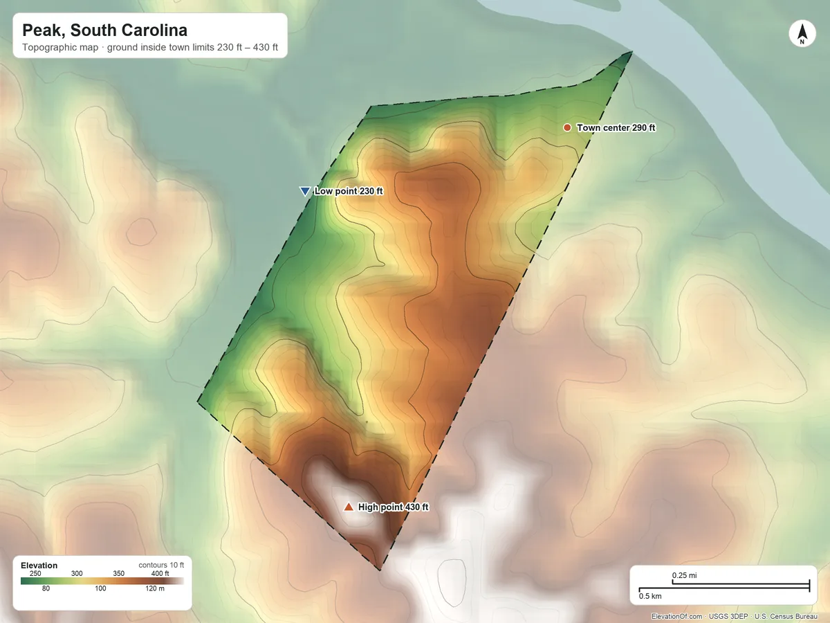 Topographic elevation map of Peak, South Carolina, shaded from 230 ft on the west side to 430 ft on the southwest side