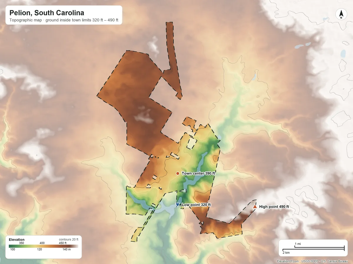 Topographic elevation map of Pelion, South Carolina, shaded from 320 ft on the south side to 490 ft on the southeast side
