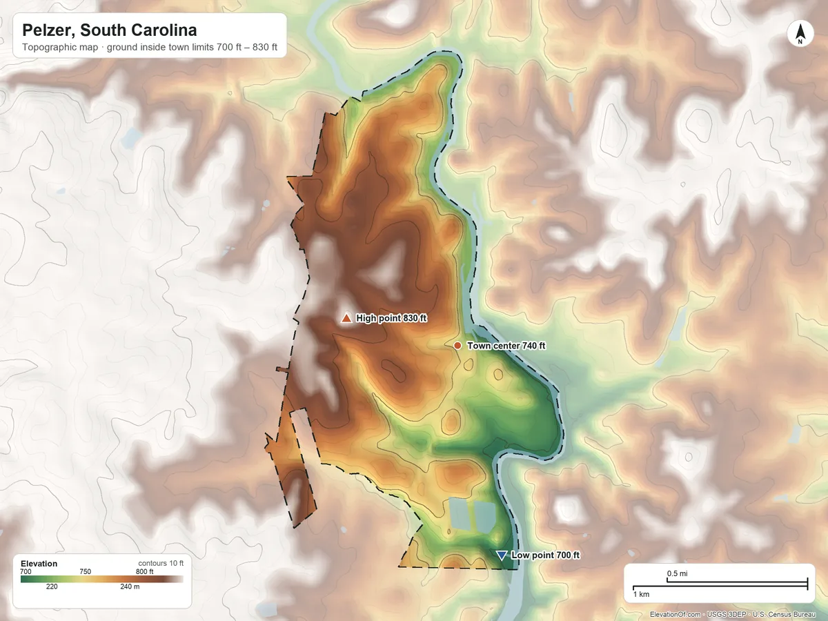 Topographic elevation map of Pelzer, South Carolina, shaded from 700 ft on the south side to 830 ft on the west side
