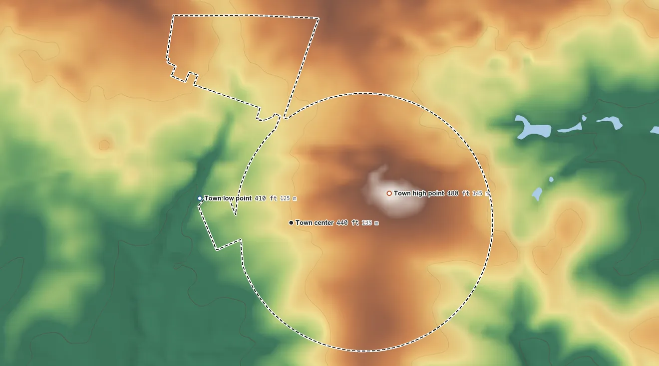 Topographic elevation map of Perry, South Carolina, shaded from 410 ft on the west side to 480 ft on the east side