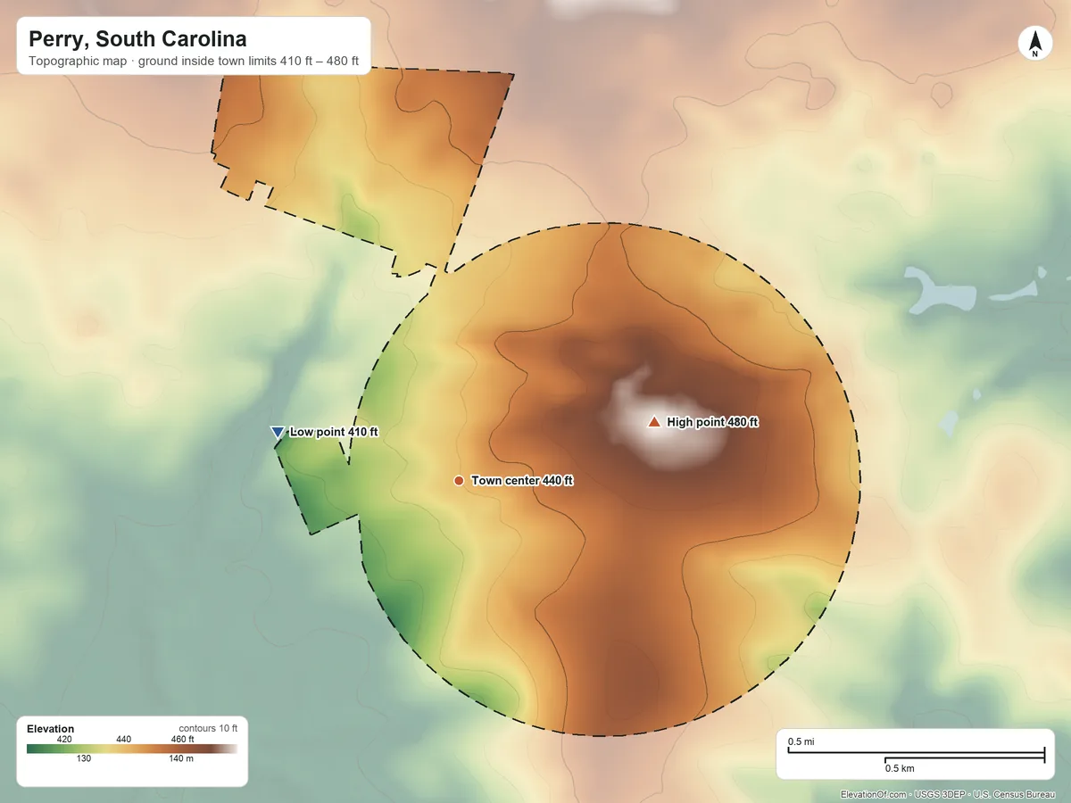 Topographic elevation map of Perry, South Carolina, shaded from 410 ft on the west side to 480 ft on the east side
