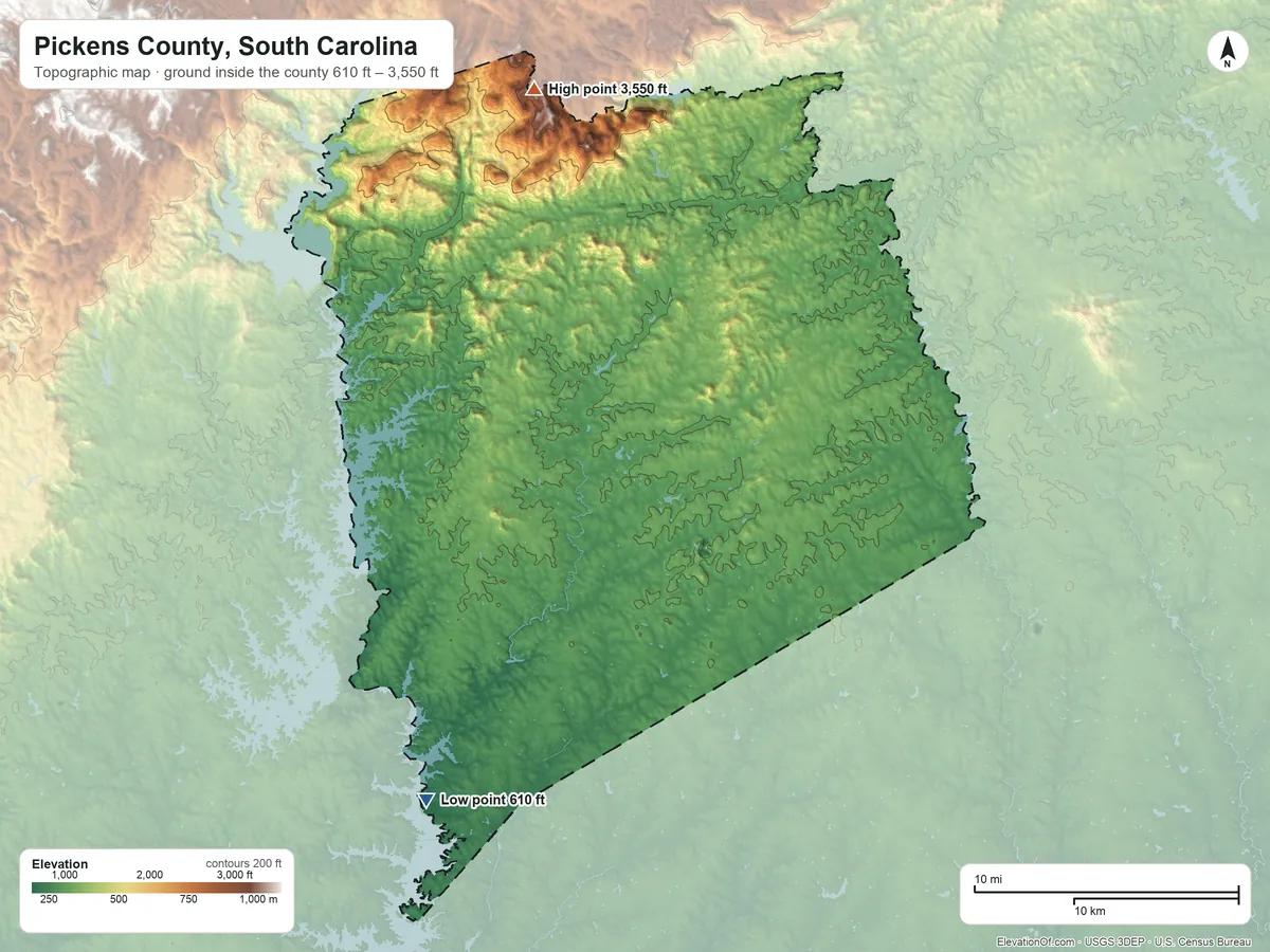 Topographic elevation map of Pickens County, South Carolina, shaded from 610 ft on the southwest side to 3,550 ft on Sassafras Mountain