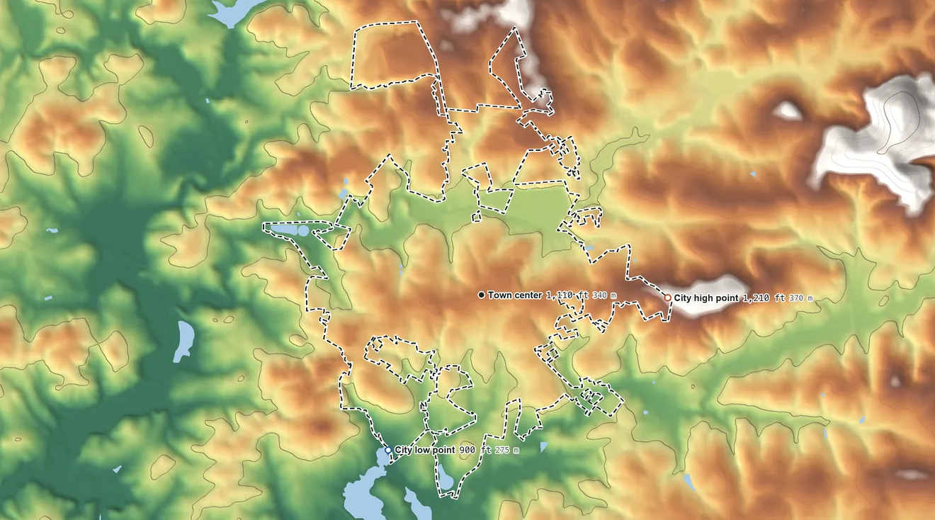 Topographic elevation map of Pickens, South Carolina, shaded from 900 ft on the southwest side to 1,210 ft on the east edge, below higher ground just outside