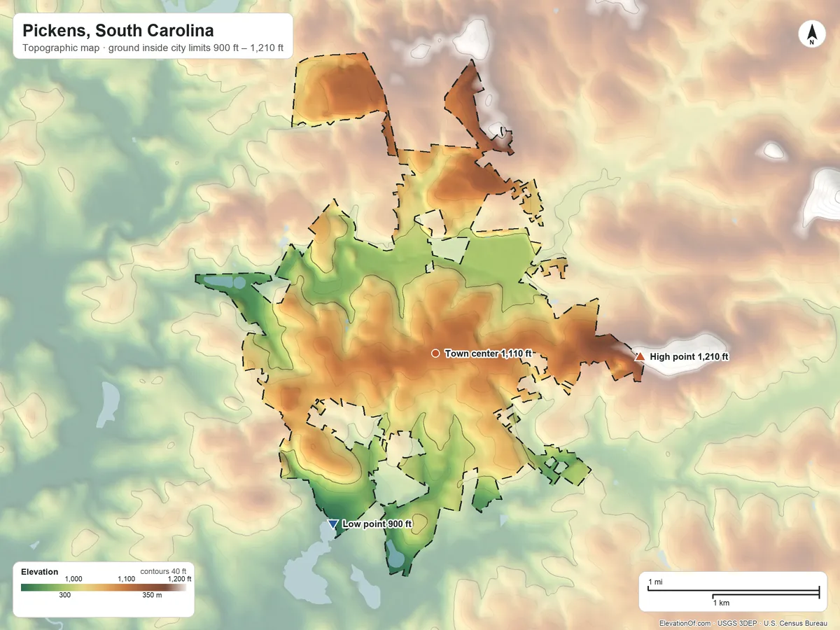Topographic elevation map of Pickens, South Carolina, shaded from 900 ft on the southwest side to 1,210 ft on the east edge, below higher ground just outside