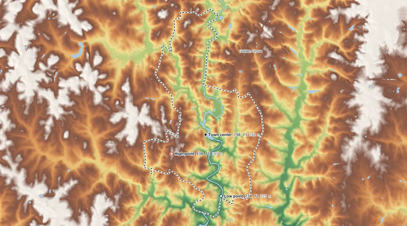 Topographic elevation map of Piedmont, South Carolina, shaded from 730 ft on the south side to 930 ft on the southwest side
