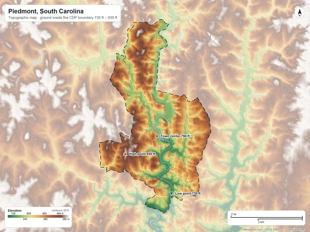 Topographic elevation map of Piedmont, South Carolina, shaded from 730 ft on the south side to 930 ft on the southwest side