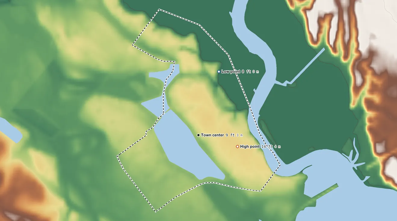 Topographic elevation map of Pimlico, South Carolina, shaded from 0 ft on the north side to 14 ft on the east side