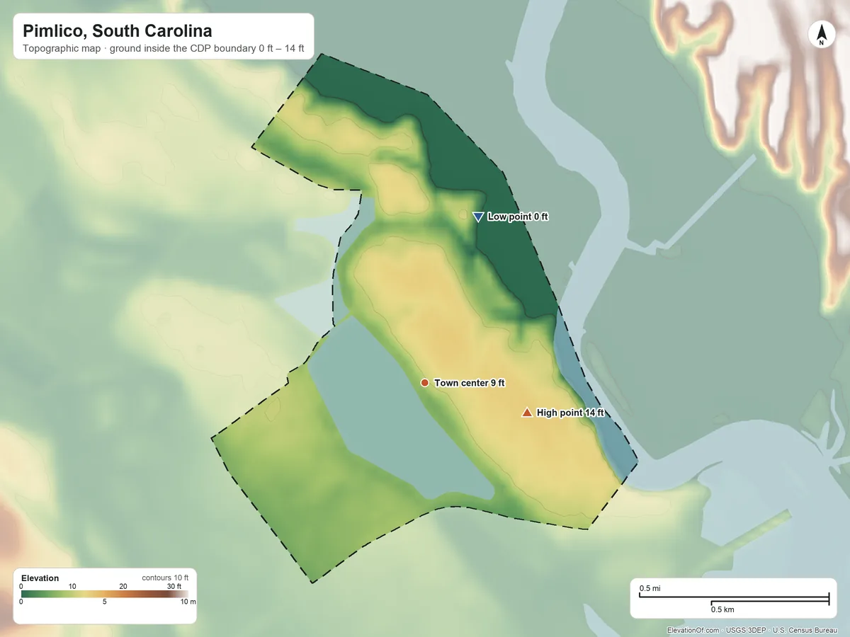Topographic elevation map of Pimlico, South Carolina, shaded from 0 ft on the north side to 14 ft on the east side