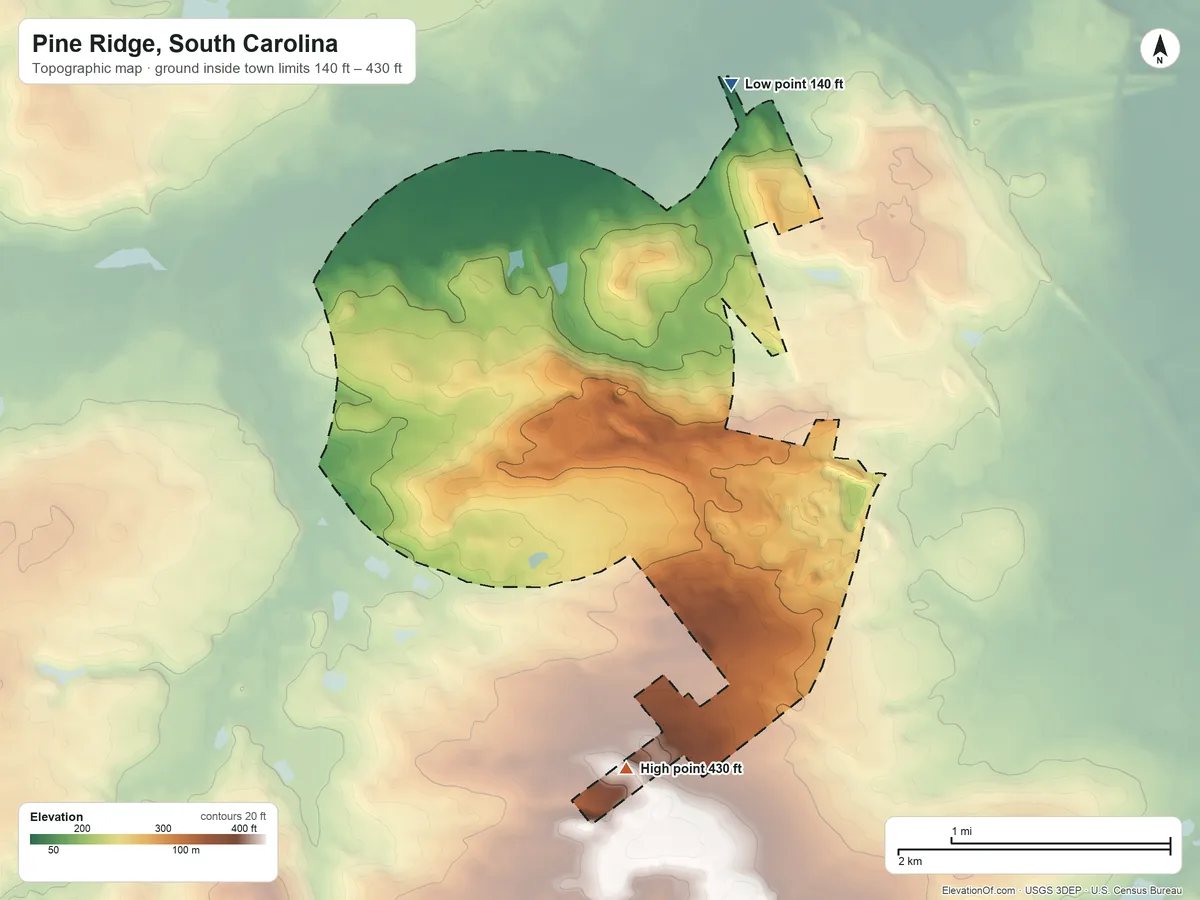 Topographic elevation map of Pine Ridge, South Carolina, shaded from 140 ft on the northeast side to 430 ft on the south side